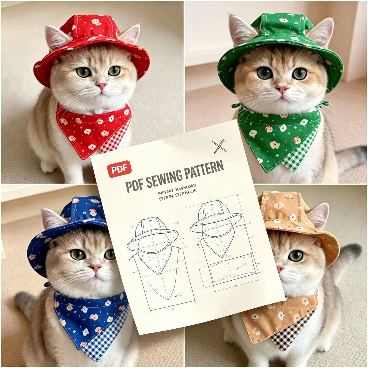 Pet Bucket Hat Sewing Pattern PDF with Sewing Tutorial & Guide — Erect-Ear & Floppy-Ear Styles | 9 Sizes (S–6XL) for Cats & Dogs