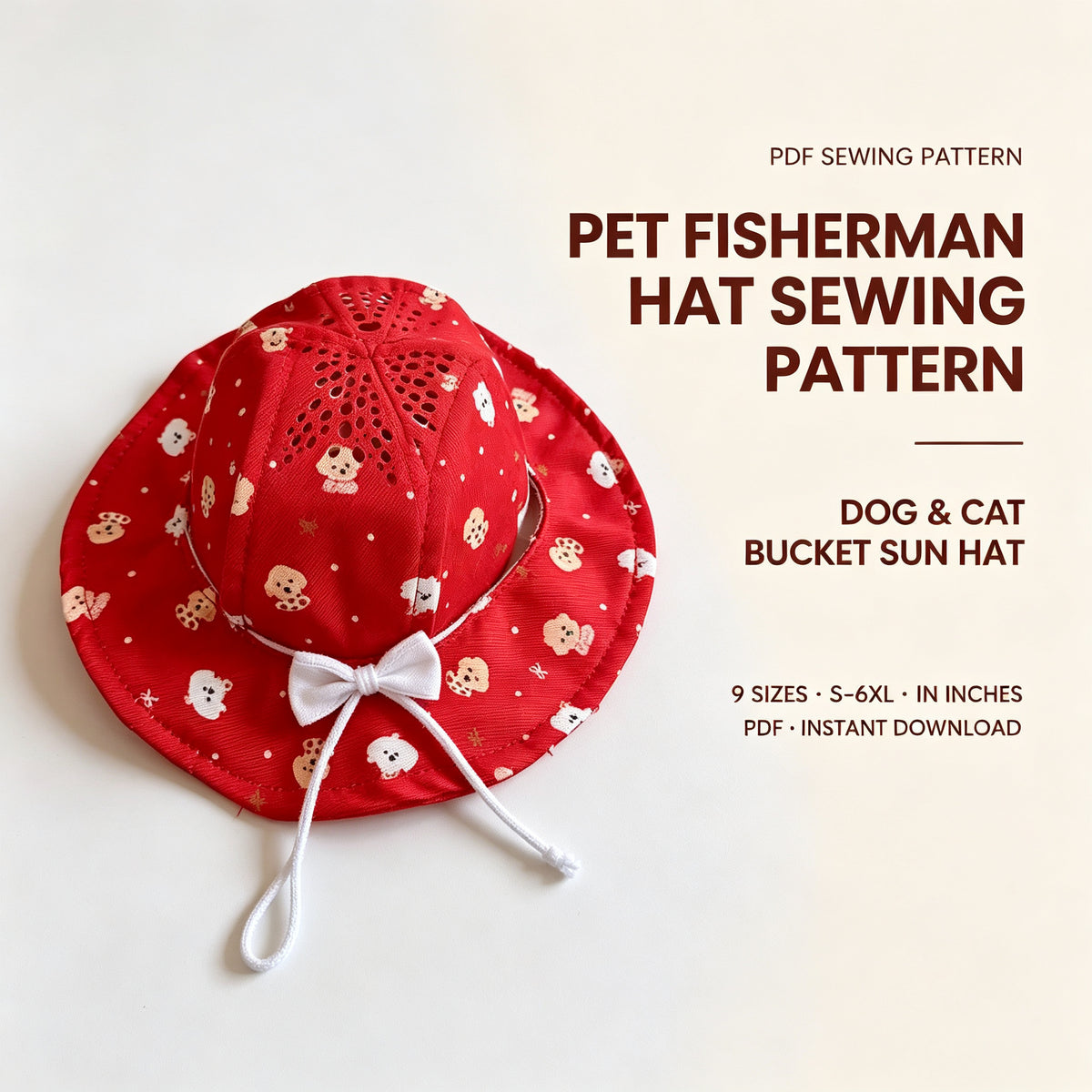 Pet Bucket Hat Sewing Pattern PDF with Sewing Tutorial & Guide — Erect-Ear & Floppy-Ear Styles | 9 Sizes (S–6XL) for Cats & Dogs