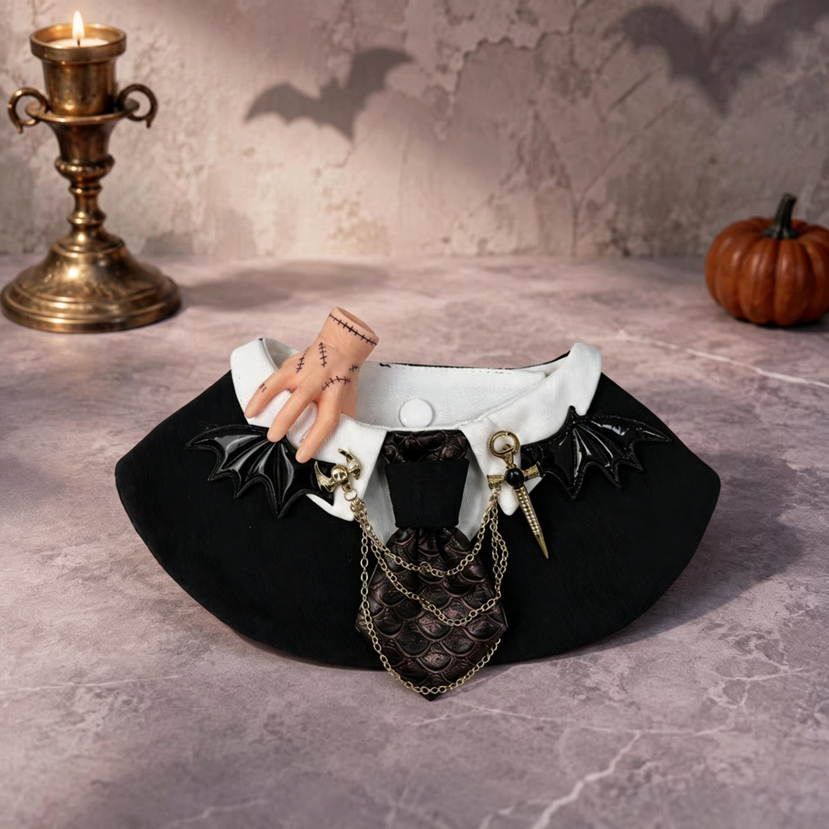 Gothic Halloween Pet Collar & Bib – Wednesday-Inspired Bat Wing Dog & Cat Costume