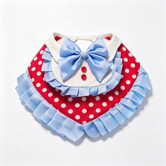Pet Bib Sewing Pattern with Tutorial & Sewing Guide – Polka Dot Blue Ruffle Party Bandana | White Collar + Bow | 5 Sizes S to 2XL | PDF Digital Download