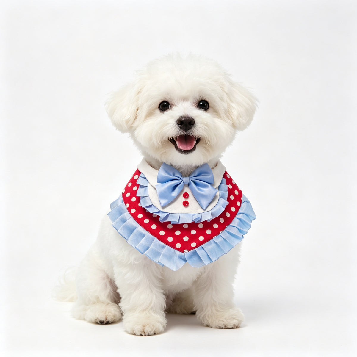 Pet Bib Sewing Pattern with Tutorial & Sewing Guide – Polka Dot Blue Ruffle Party Bandana | White Collar + Bow | 5 Sizes S to 2XL | PDF Digital Download